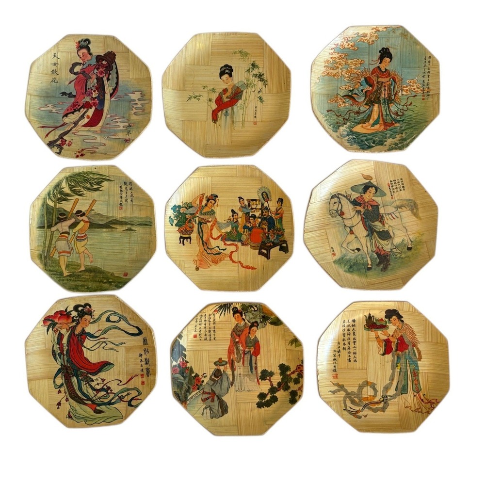 Vintage Set of 9 Octagonal Bamboo Plates Taiwan Chinese Folklore Mulan Ma Ku 6in